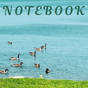 Op de afbeelding: Een notitieboekkaft met een schilderachtig uitzicht op een kalm blauw meer met talloze Canadese ganzen die over het water zwemmen. Het woord NOTEBOOK is in donkergroene hoofdletters in het midden bovenaan boven de ganzen gedrukt.