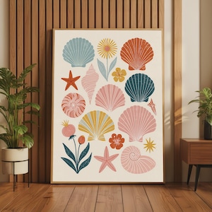May include: A rectangular wall art print featuring a collection of illustrated seashells, starfish, and flowers in shades of blue, pink, orange, and yellow on a cream background, all enclosed within a thin wooden frame.