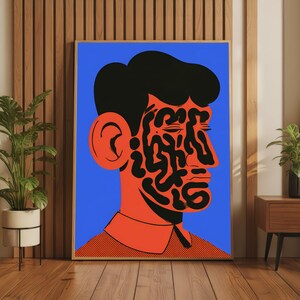 Squiggle Face Portrait Poster, Bold Graphic Wall Art, Red Blue Contemporary Print