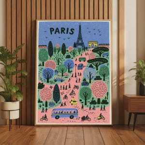 以下が含まれることがあります： 上部に「PARIS」という文字が書かれた、パリの気まぐれなイラストが描かれた額入りアートプリント。エッフェル塔、凱旋門、緑とピンクの木々、ピンクの小道、青いバス、黄色いタクシー、そして人々が描かれています。