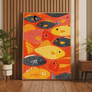 May include: A rectangular wall art print featuring a vibrant orange background filled with numerous stylized fish in shades of yellow, red, and black. The fish are decorated with intricate dot patterns and lines, creating a dense, colorful aquatic scene.