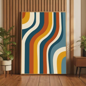 May include: A rectangular wall art print featuring a series of vertical, wavy stripes in alternating colors of mustard yellow, cream, burnt orange, and deep teal. The artwork is encased in a thin, light-toned wooden frame, displaying a repeating pattern of fluid, curved lines that span the entire height of the print.