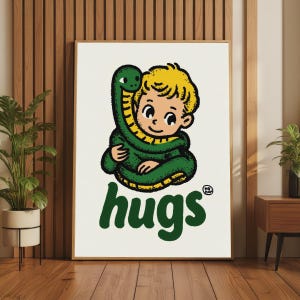 May include: A rectangular wall art print featuring a cartoon illustration of a person with yellow hair embracing a green snake. Below the illustration, the word "hugs" is printed in bold, dark green lowercase letters on a white background.