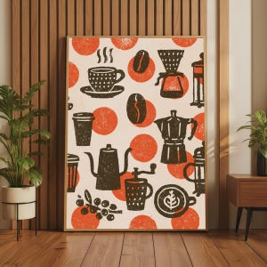 Kaffemönstrad poster, retro köksväggkonst, linoleumtryck, cafédekorationstryck