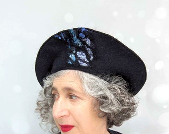 Conical Shaped Wet Felted Black Beret Inspired by Irish Artist Harry Clarke