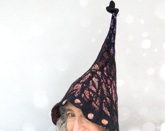 Playful Felted Black Pixie Hood with Ties Inspired by Stained Glass