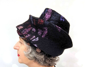 Sculptural Black Felted Wool Toque Hat with Vibrant Stained Glass Colors Inspired by Stained Glass