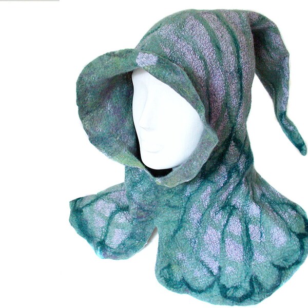 Felted Cowl Hooded Scarf - Nuno Felted Pixie Hood - Lavender Blue Green - Medieval Fairytale Costume Hooded Capelet Festival Scoodie