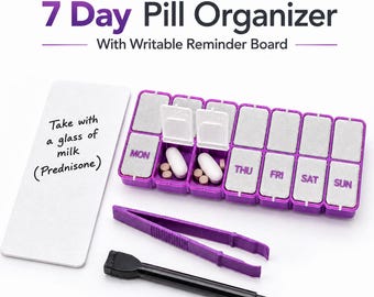 Weekly Pill Box with Writable Reminder Board, Marker & Pill Tongs