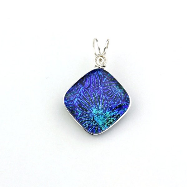 Dichroic Glass Pendant in Cobalt and Teal Blues with Silver Wire Wrap