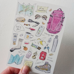 Carte de randonnée, Carte postale d’équipement, Allons-y, Aventure en plein air, Nature, Voyage, Sac à dos, Montagnes, Voeux de vacances, Wanderlust, Cindy Mangomini