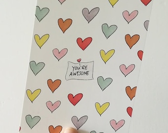Je Bent Geweldig Kaart, You're Awesome, Hartjes, Vriendschap, Vriendinnen, Zomaar, Positief, Denk Aan Je, Leraar, Lerares A6,  Mangomini