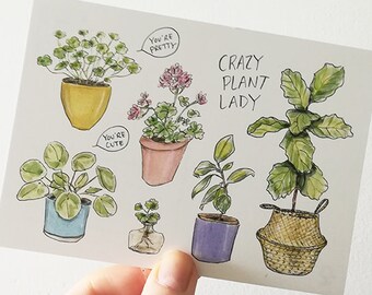 Crazy Plant Lady Card, Funny Female Houseplant Lover Postcard, Botanical Drawing, Plants And Flowers Color Illustration, A6, Cindy Mangomini