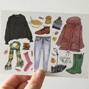 Herfst Kaart, Gezellige Najaars Sfeer Tekening, Mode Illustratie, Herfst Bladeren, Hygge, Knus, Regen, Naar Buiten, A6, Cindy Mangomini