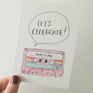 Let’s Celebrate Card, Fun Retro Party Invite, Anniversaire, Cassette musicale, Party Mix Tape, Let’s Dance, Années 80, 90, Gay Pride, Cindy Mangomini