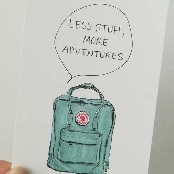 Travel Adventure Card, Less Stuff More Adventures Quote, Backpack, Outdoors Lover, Hiking, Nature, Camping, Wanderlust, A6, Cindy Mangomini