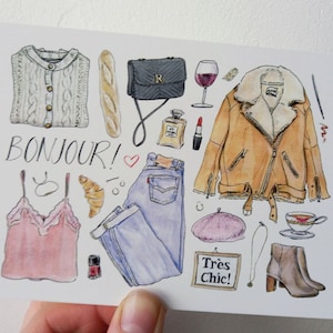 Cartão postal Bonjour, estilo francês outono inverno, Olá, oi, mulher parisiense, ilustração de moda, parisiense, Paris França, Cindy Mangomini