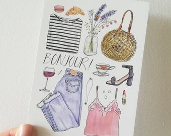 Bonjour Card, Hello Postcard, Just To Say Hi, Fashion Illustration, French Girl Style, Parisian Woman, Paris, France, A6, Cindy Mangomini