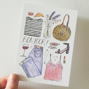 Bonjour Karte, Hallo Postkarte, Nur um Hallo zu sagen, Mode Illustration, Französisches Mädchen Stil, Pariser Frau, Paris, Frankreich, A6, Cindy Mangomini