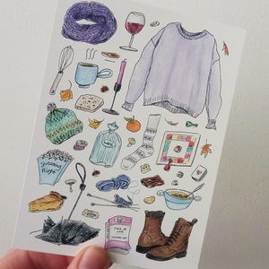 Carte Hygge automne, Carte postale inspiration douillette, Profiter de la saison la plus chaleureuse, Hyggelig, Mignonne illustration, Dessinée à la main, Cindy Mangomini