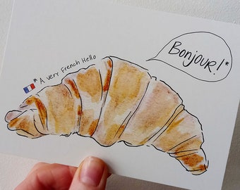 Carte postale Bonjour croissant : carte de voeux illustrée de pâtisseries françaises, A6, Cindy Mangomini