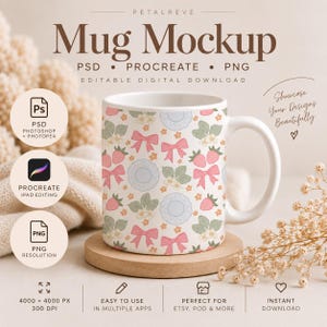 May include: A white ceramic mug featuring a repeating pattern of pink bows, red strawberries, green leaves, small yellow flowers, and light blue scalloped circles. The mug sits on a round wooden coaster, presented as a digital download mockup.