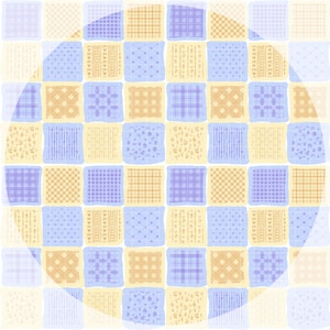 May include: A square patchwork fabric pattern featuring a repeating grid of alternating light blue and soft yellow squares. Each square displays distinct geometric motifs, including plaid, stripes, small floral prints, and dotted diamond patterns.