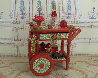 Miniature Dollhouse with Tray Shabby christmas. French Dollhouse, Gaël 1:12 Scale Dollhouse Furniture serving cart with Christmas decoration