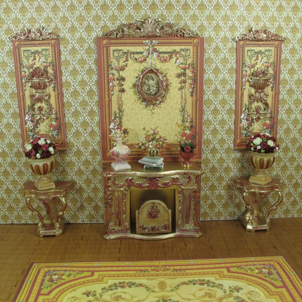 Panneau pour maison de poupée, décoration de cheminée, bouquet de fleurs. Meuble de style Louis XV. Miniatures de poupées meubles rococo à l'échelle 1:12. 1,12 baroque français