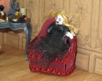 OOAK Miniature Haunted dollhouse diabolical girl in an armchair. Dollhouse gothic 1:12 scale furniture, Halloween dollhouse miniature