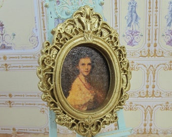 Traditional French Style antique miniature oval frame painted gold aged, Portrait ornament frame, dollhouse brocante accessory, 1:12 scale