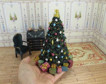 Miniature Dollhouse Christmas big tree fully decorated with ornaments and gifts. Miniature Christmas ornaments Vintage Santas decor.