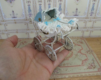 Gaël Dollhouse nursery furniture old fashion aged antique lace pram, French romantic  baby carriage nursery , Accessory  handmade 1:12