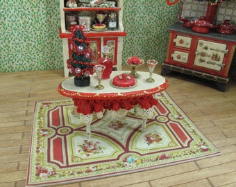 Christmas Table Dollhouse Miniature. Beautiful Round Table decorated. Christmas Kitchen in beige & red with details for the Xmas decoration.