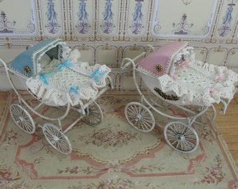 Gaël Dollhouse nursery furniture old fashion aged antique lace pram, French romantic  baby carriage nursery , Accessory  handmade 1:12