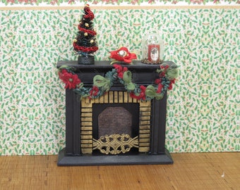 Fireplace with Christmas decoration for dollhouses, Christmas ornaments shabby chic Christmas decoration Dollhouse Miniature Home Decor xmas