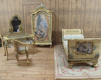 OOAK Dollhouse French Bed, dresser and chair 1:12 dollhouse miniature furniture. Wardrobe furniture dollhouse miniature. Baroque furniture.