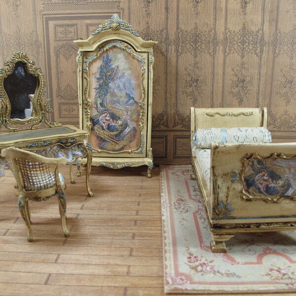 OOAK Dollhouse French Lit, commode et chaise 1:12 Meubles miniatures pour maison de poupée. Miniature de maison de poupée de meubles de garde-robe. Mobilier baroque.