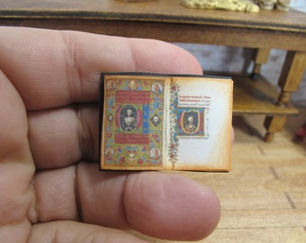 Miniature Open Antique illustrated  book. Old Medieval Manuscript Journal for Dollhouses . Book Medieval Illuminated. Handmade Mini Book.