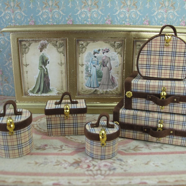 Collection of luxury travel luggage for doll houses. 1:12 Miniature travel bags. Miniature suitcases and hatboxes for dollhouse collectors.