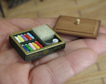 Dollhouse antique sewing box. Miniature sewing room item for dollhouse collectors. 1:12 Dollhouse Miniatures Haberdashery wood sewing box