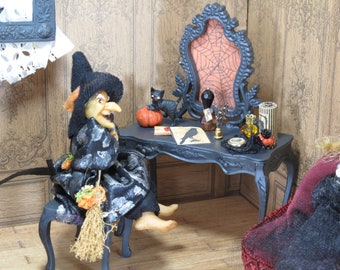 OOAK Miniature Haunted dollhouse dressing table and chair with witch. Dollhouse  gothic 1:12 scale furniture, Halloween dollhouse miniatures