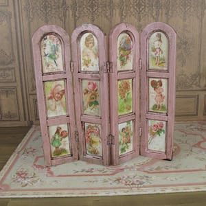 Dollhouse miniature wooden screen, romantic Shabby, Printed decors in pastel colors, Old French, Dollhouse furniture in 1: 12th scale sceen