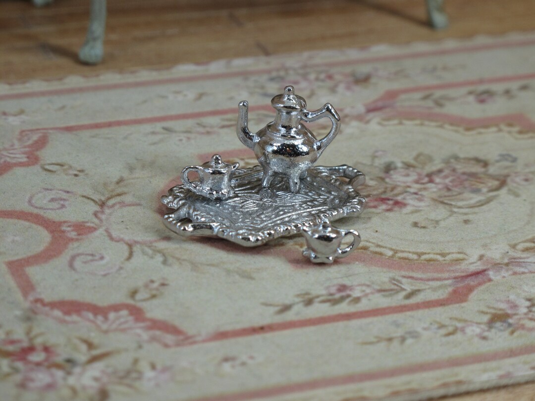 Louis Miniature Silver Tea Set on Tray From the Miniature Flea Market