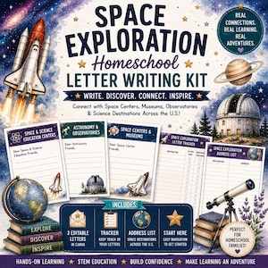 May include: A Space Exploration Homeschool Letter Writing Kit featuring a space-themed background with a rocket, planet, and observatory. Includes three letter templates, a letter tracker, and an address list, all decorated with space illustrations.