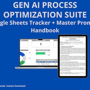 以下が含まれることがあります： Gen AI Process Optimization Suiteと題されたデジタル製品スイート。Google SheetsトラッカーとMaster Promptsハンドブックが含まれています。ノートパソコンのデータダッシュボードと、テキストが記載されたタブレット端末が表示されています。
