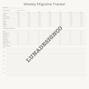 May include: A white Weekly Migraine Tracker printable form with black text. It features sections for symptoms with intensity checkboxes, possible triggers, and daily notes for each day of the week. The watermark LUNADESIGNCO is visible.