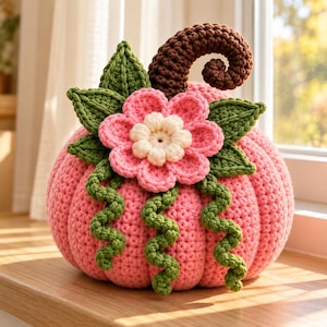 May include: A round, pink crocheted pumpkin decoration featuring a brown curly stem, green crocheted leaves, and a central pink flower with a cream-colored center. The pumpkin is adorned with three dangling, spiraled green crochet vines.