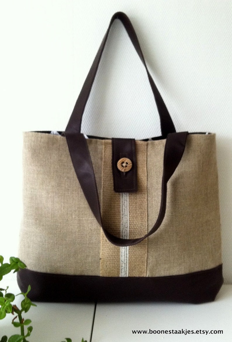 Burlap tote bag shoulder bag in jute burlap and leather Etsy