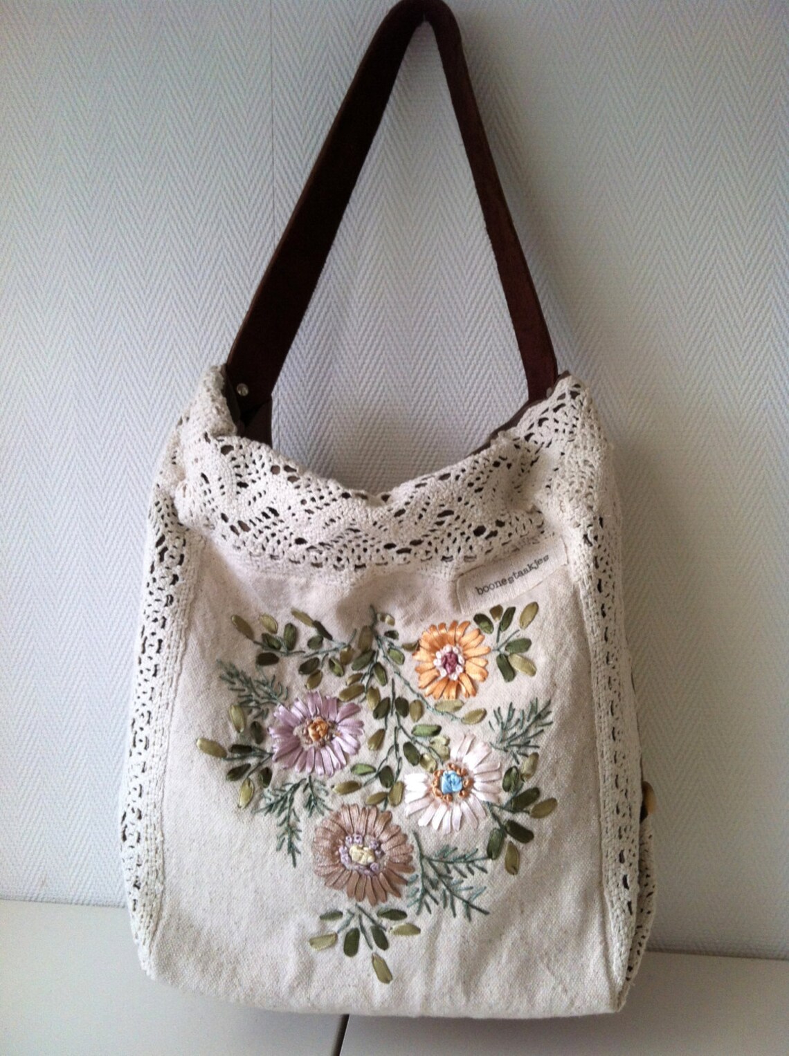 Floral vintage hand embroidered shoulder bag with crochet Etsy